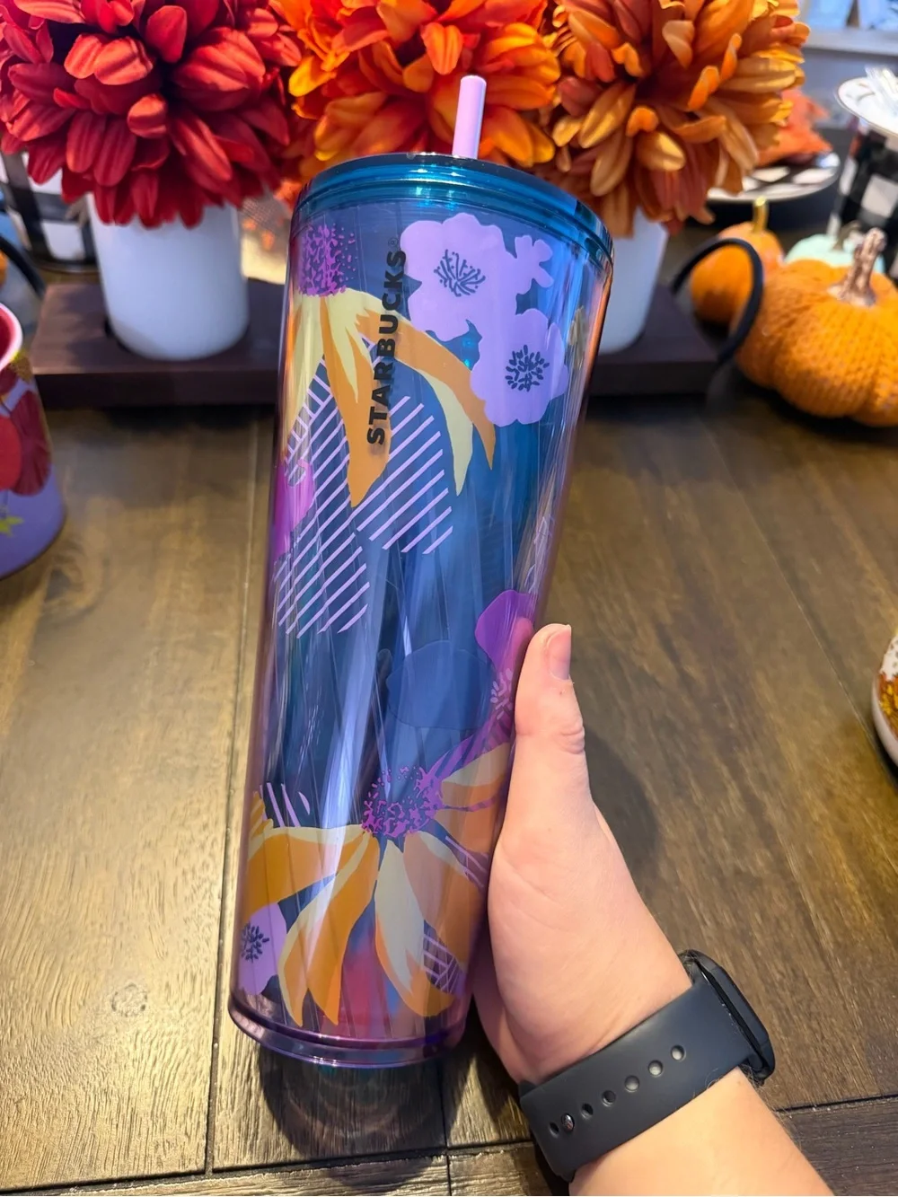 Starbucks Iridescent Teal and Purple Floral Travel Tumbler with Straw